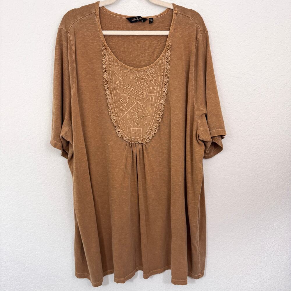 Ulla Popken Womens Embroidered Short Sleeve Top Size 28 / 30 100% Cotton Brown